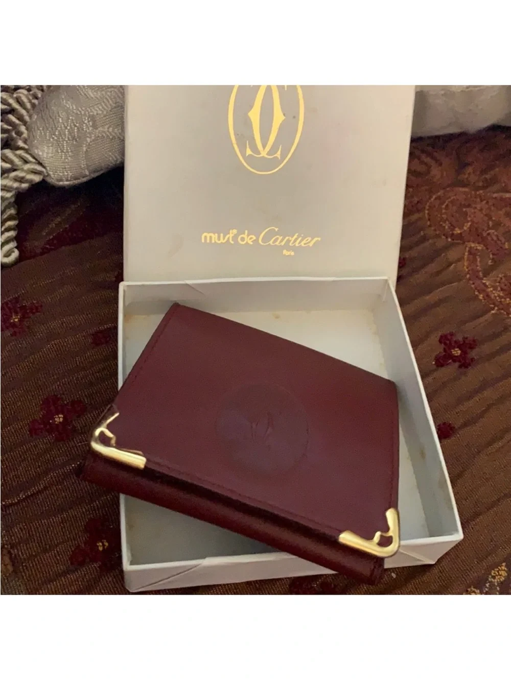 Cartier Burgundy Leather Money Clip with Gold Corners